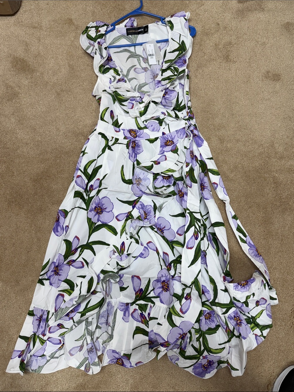 New Gabrielle Union White & Lavender Floral Ruffle Wrap Dress size large